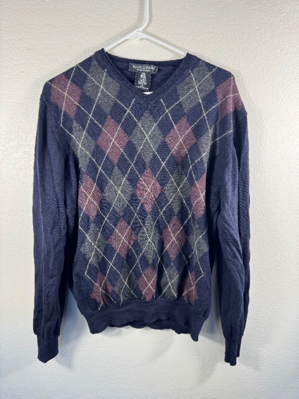Marco Fiori Argyle V Neck Sweater Juniors XL Navy Pink Merino Wool Made in Italy